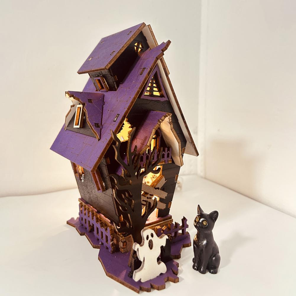 3D Wooden Halloween Puzzle: DIY Haunted House with Lights