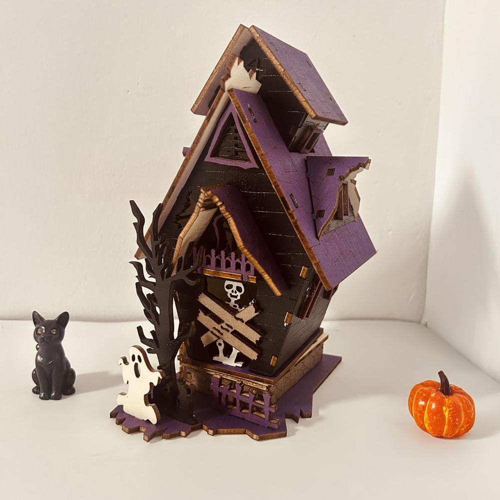 3D Wooden Halloween Puzzle: DIY Haunted House with Lights