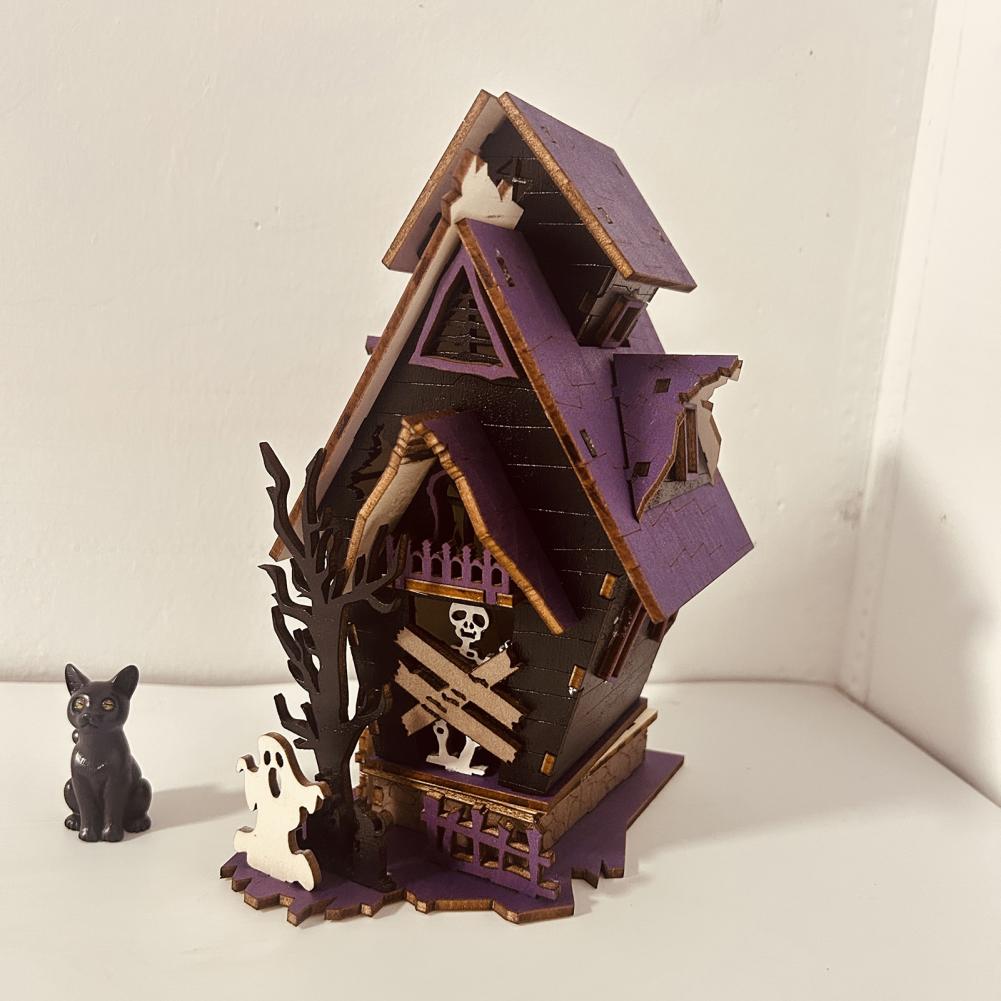 3D Wooden Halloween Puzzle: DIY Haunted House with Lights