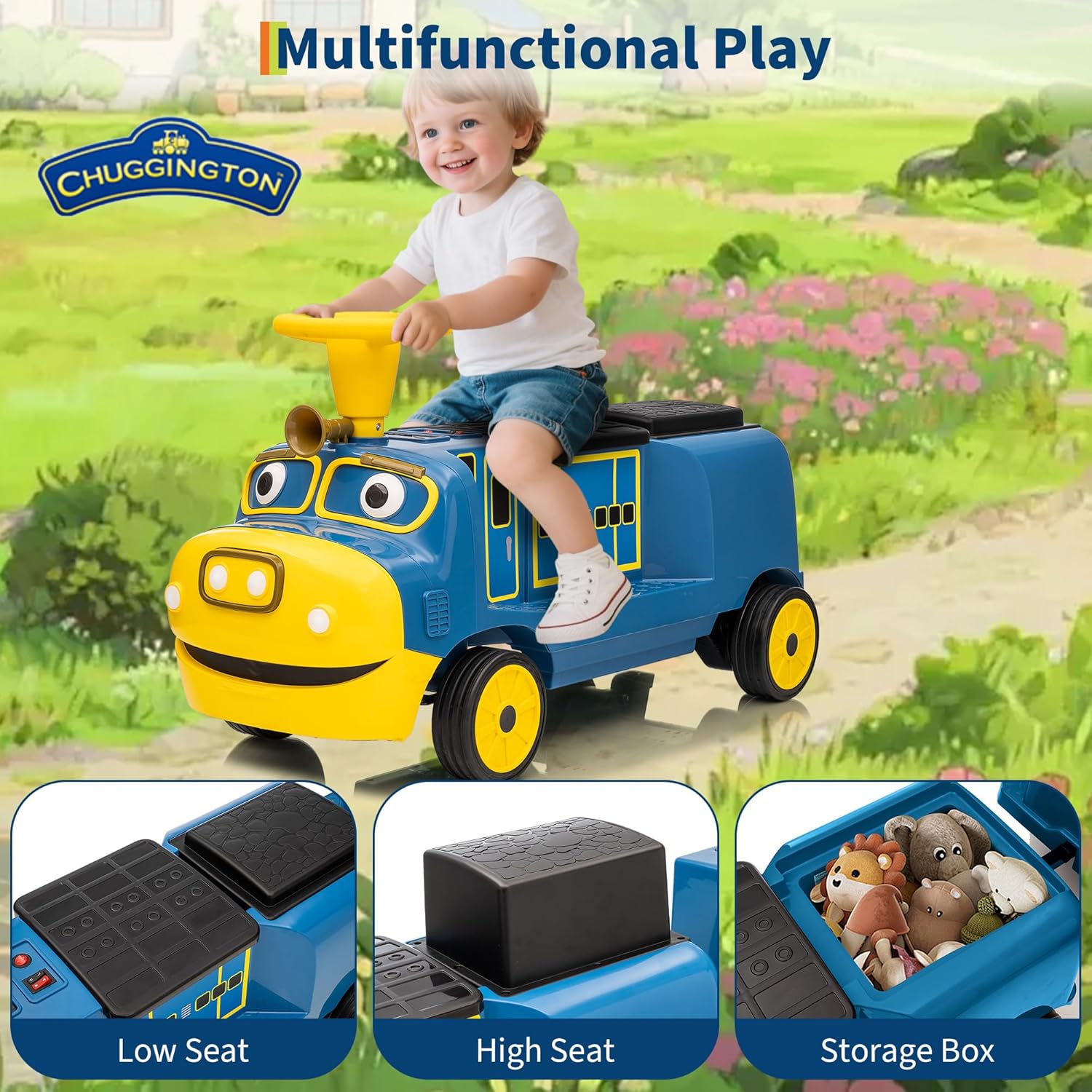 2 Seater Ride On Train, 12V Kids Toy with Adjustable Seat