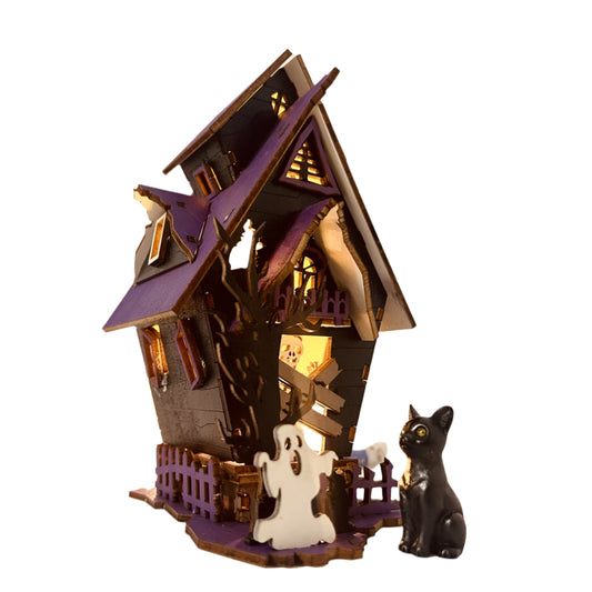 3D Wooden Halloween Puzzle: DIY Haunted House with Lights