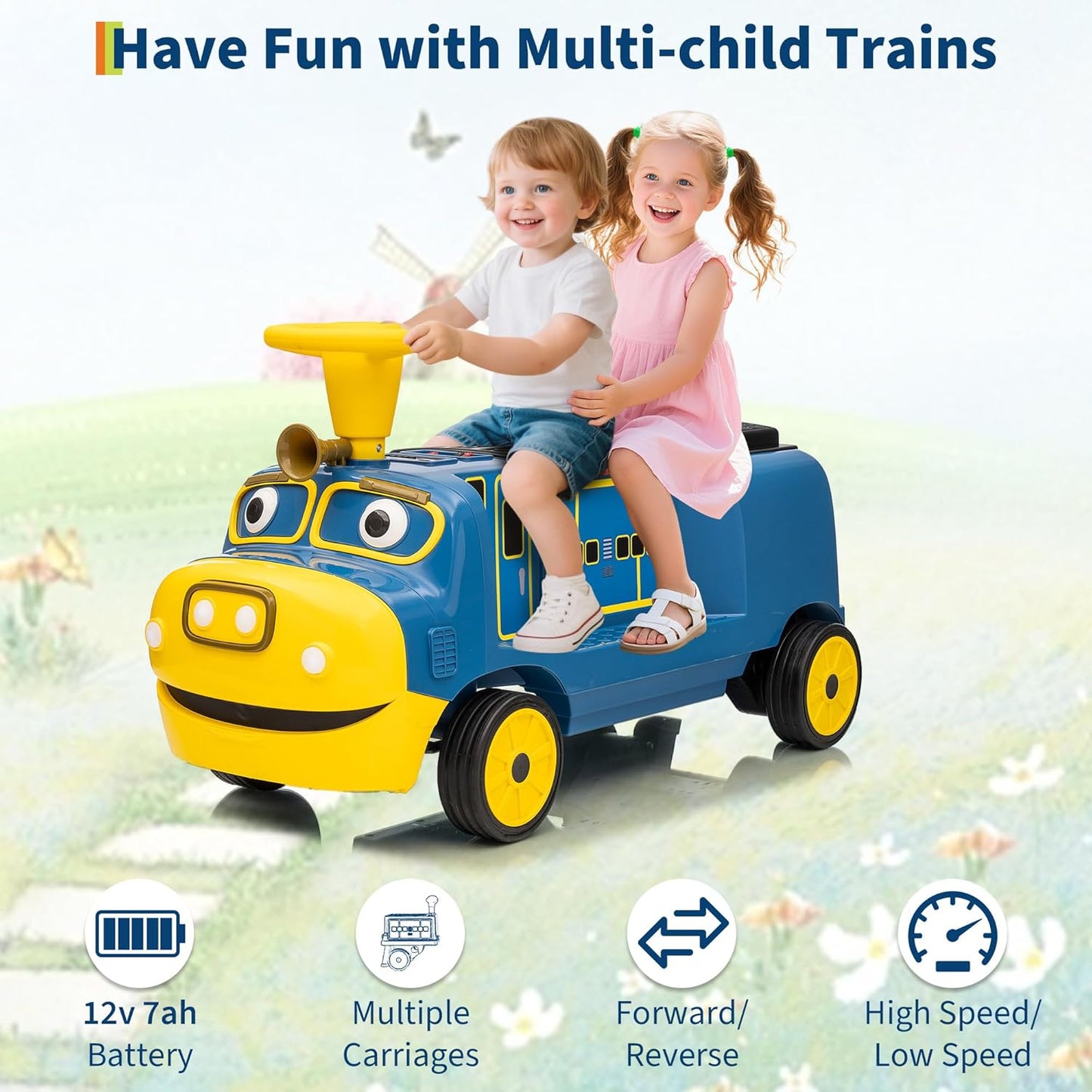 2 Seater Ride On Train, 12V Kids Toy with Adjustable Seat