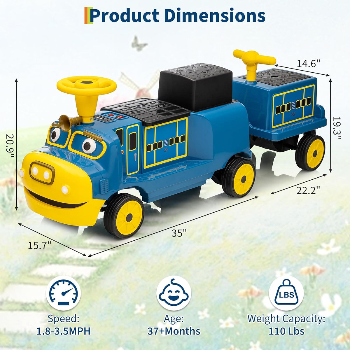 2 Seater Ride On Train, 12V Kids Toy with Adjustable Seat