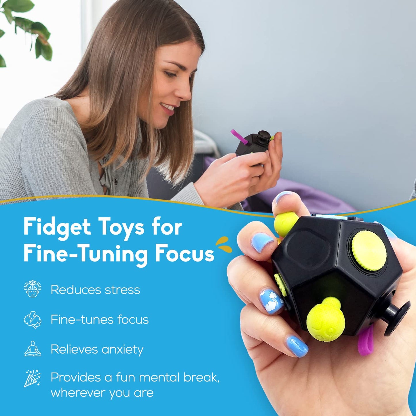 12-Sided Fidget Cube - Anxiety Relief Toy 