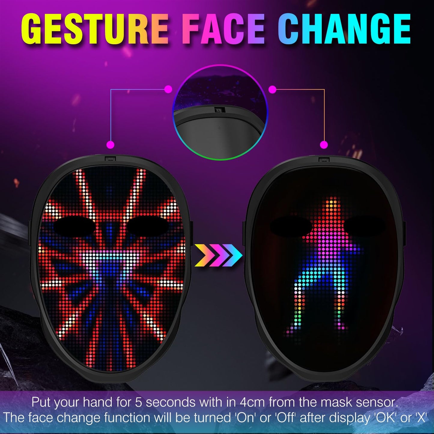 LED Light-Up Mask: Gesture Sensing & Bluetooth Control. Halloween programmable mask 