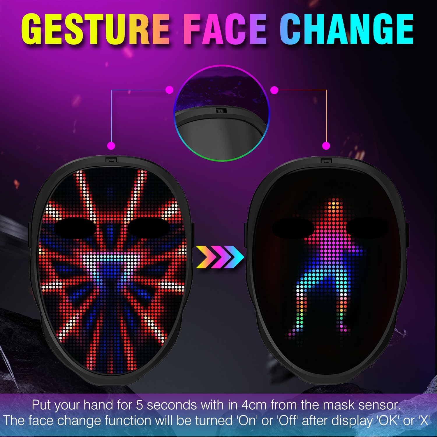 LED Light-Up Mask: Gesture Sensing & Bluetooth Control. Halloween programmable mask 