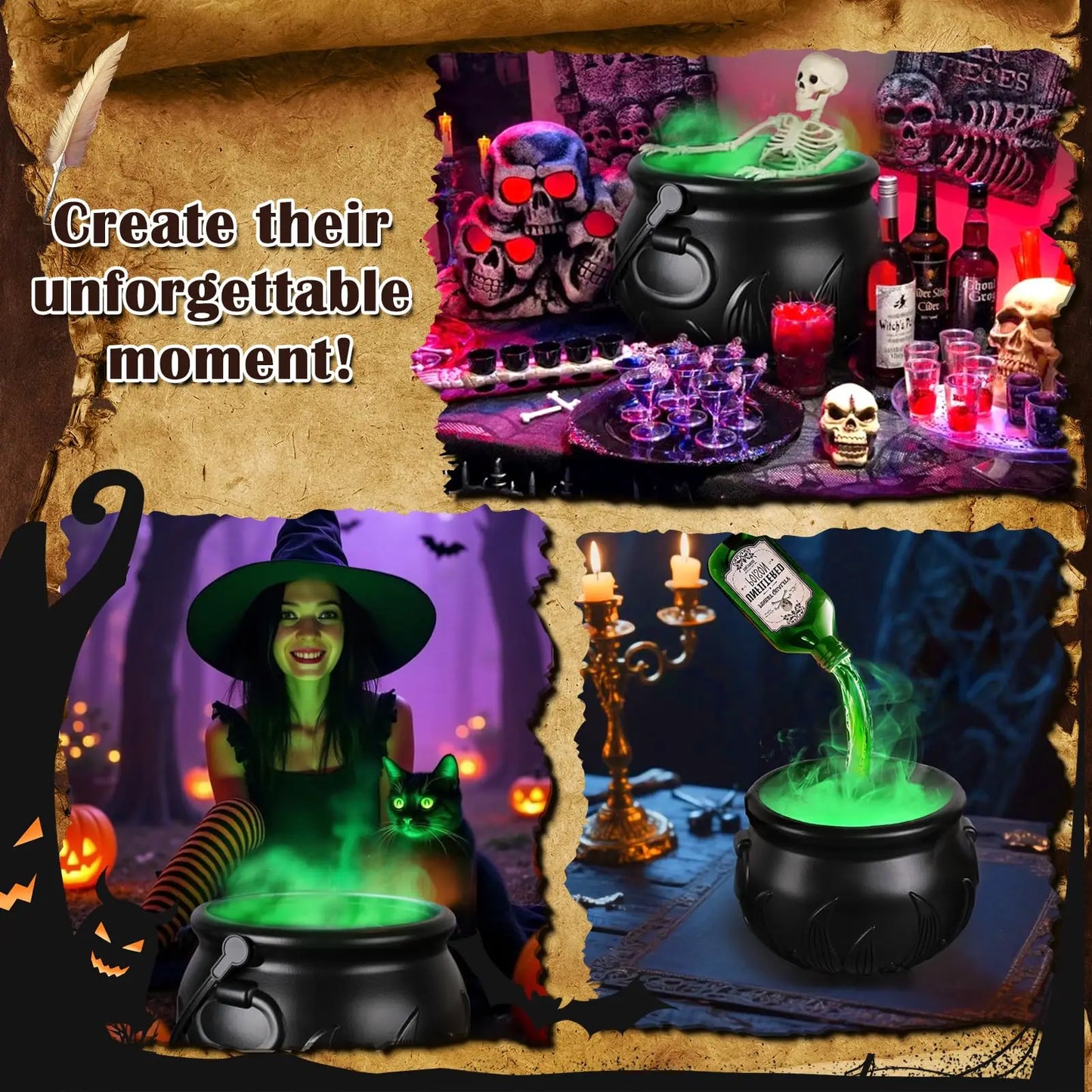 Halloween Witch Cauldron with LED Fog & Skeleton Decor
