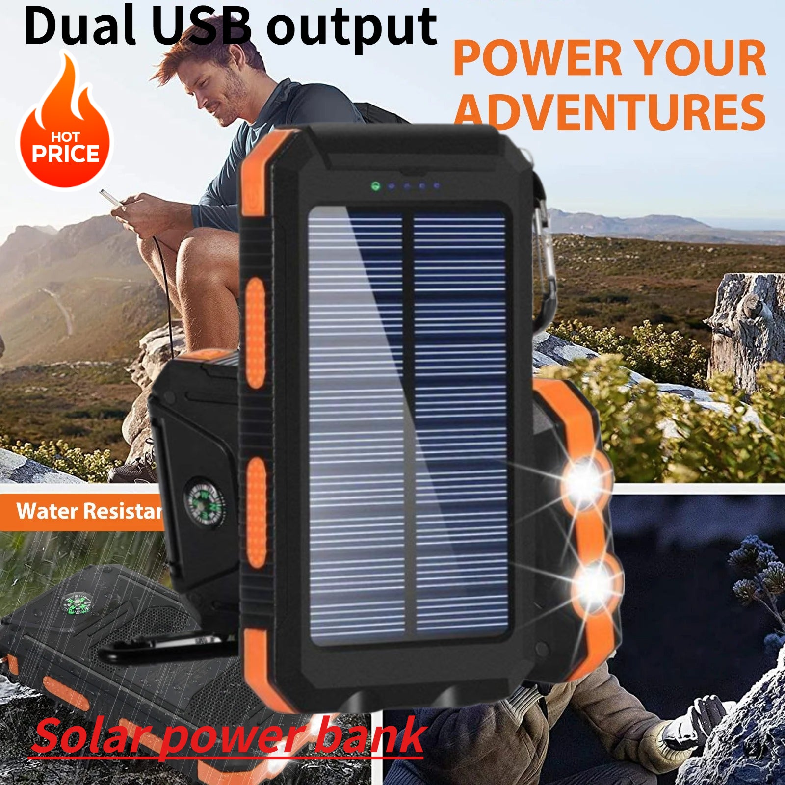 Solar Power Bank 30000mAh: Dual USB & LED for Outdoor Use
