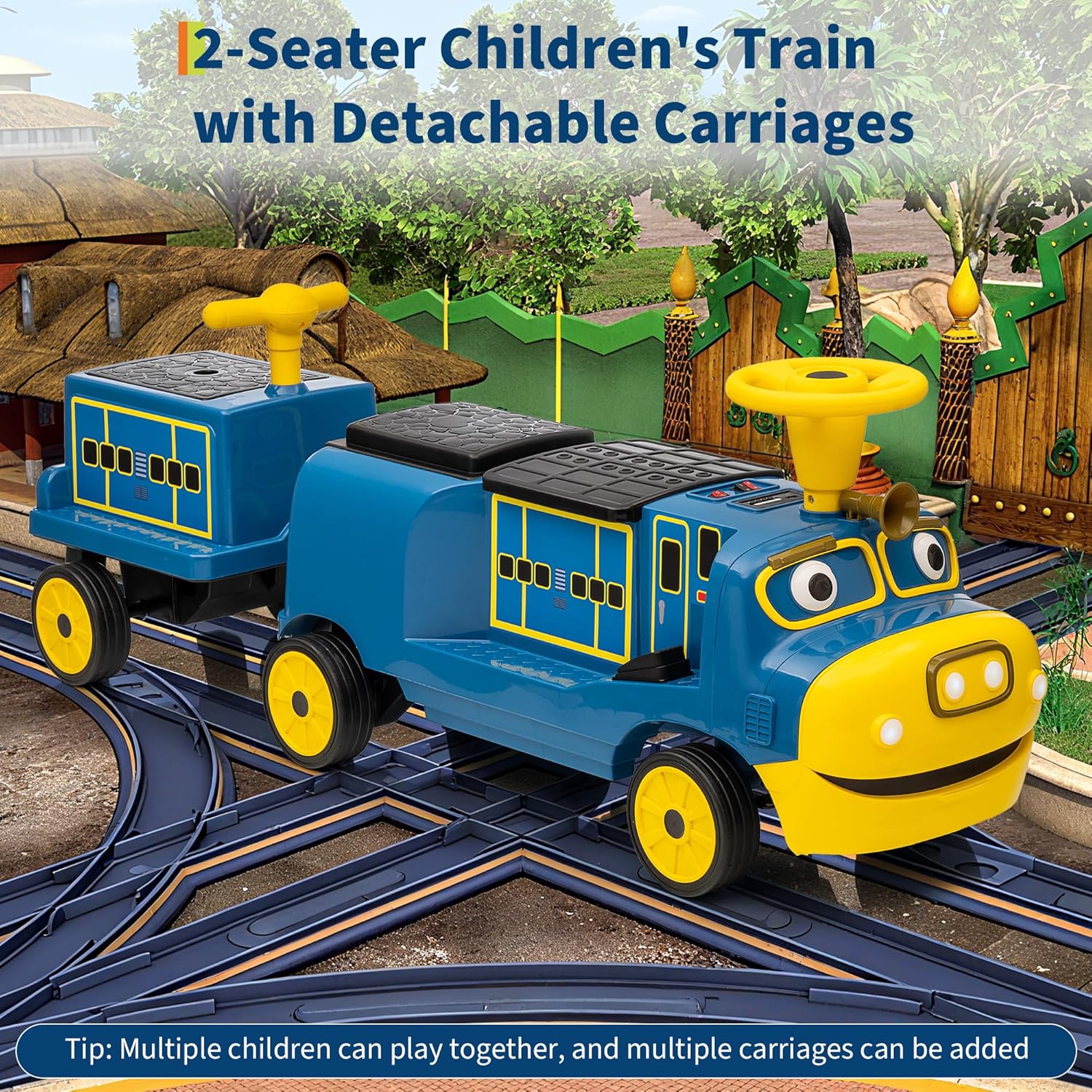 2 Seater Ride On Train, 12V Kids Toy with Adjustable Seat