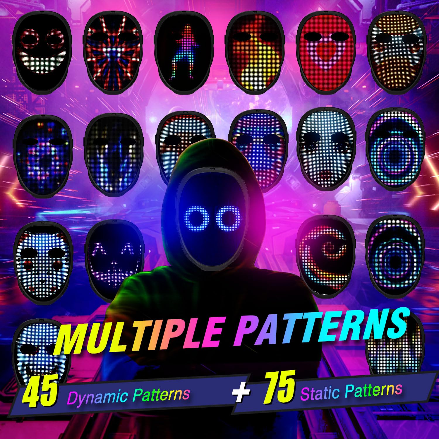 LED Light-Up Mask: Gesture Sensing & Bluetooth Control. Halloween programmable mask 