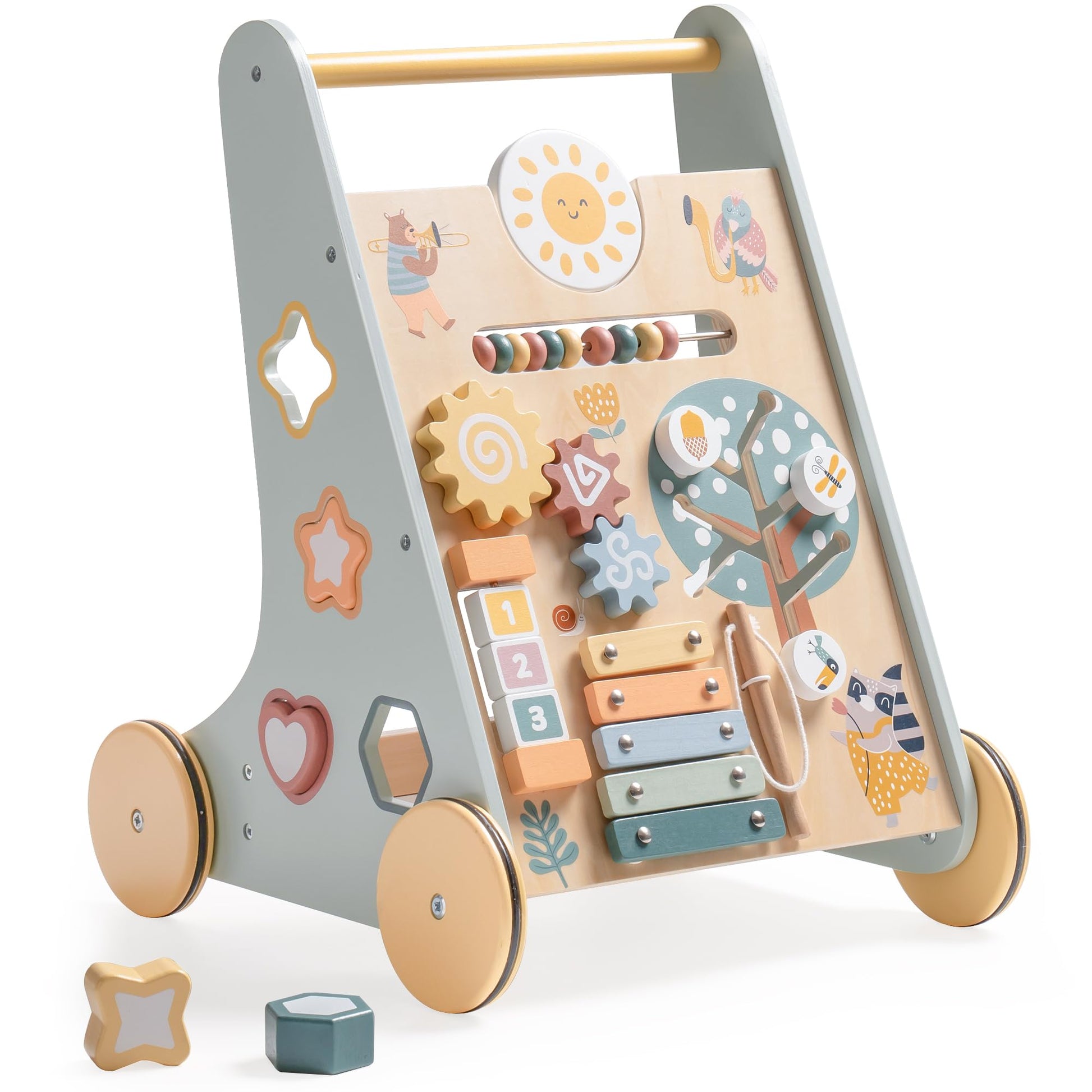 Wooden Baby Walker with Activity Center & Storage