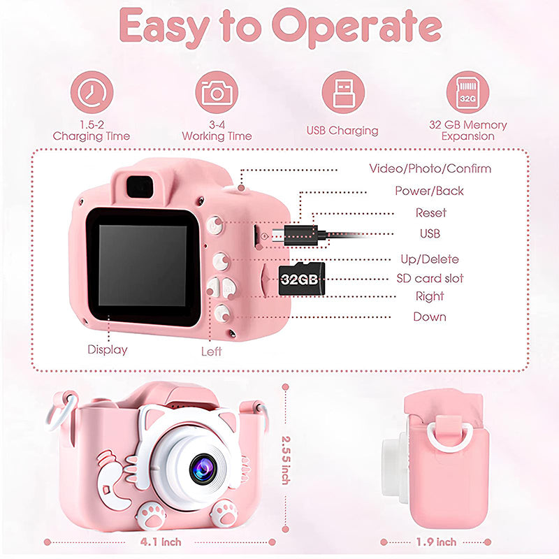 Cartoon Kids Camera with Video & 32GB SD - Ideal Christmas Gift