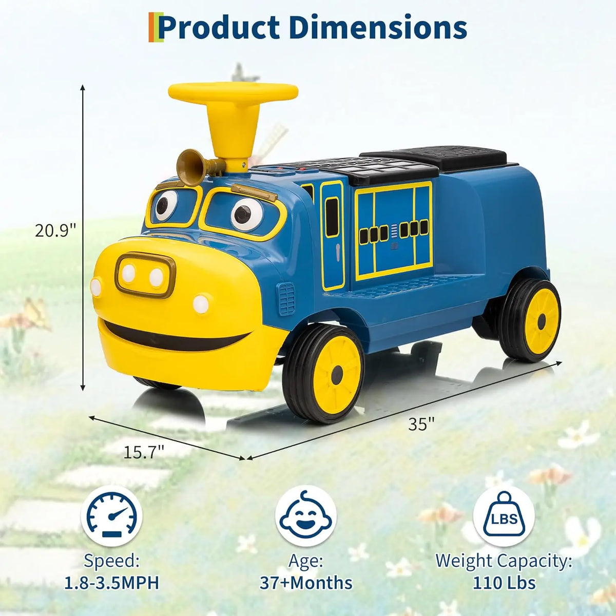 2 Seater Ride On Train, 12V Kids Toy with Adjustable Seat