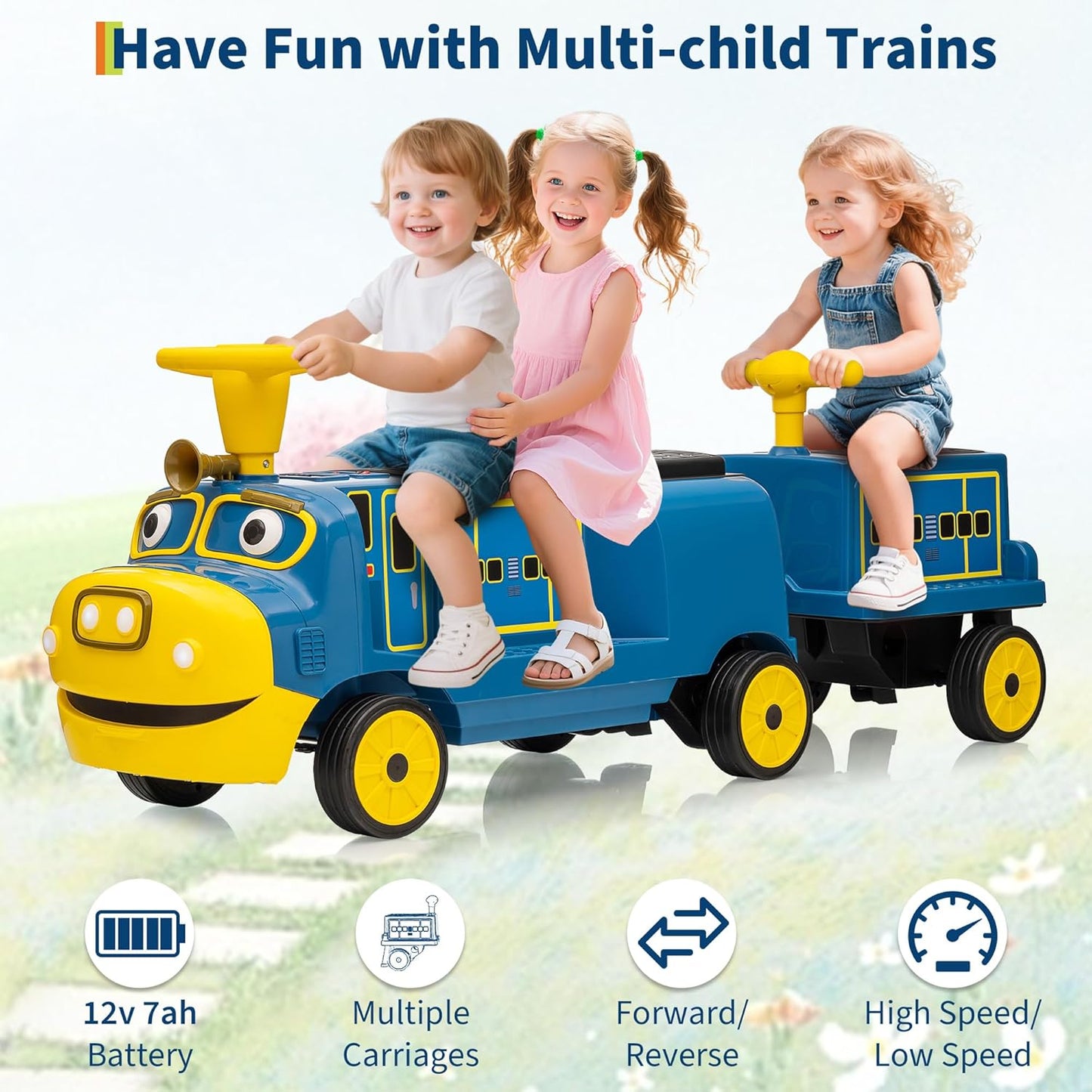 2 Seater Ride On Train, 12V Kids Toy with Adjustable Seat