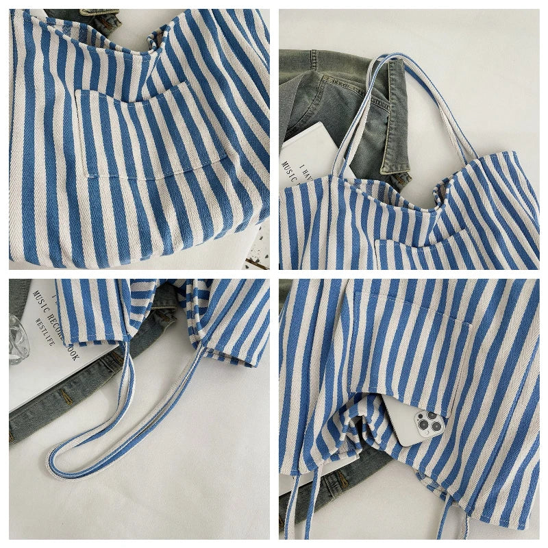 Women's Stripe Canvas Tote Handbag 